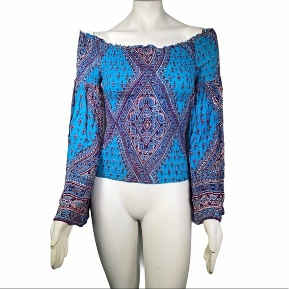 Altar’d State Blue Off Shoulder Bell Sleeve Top Pullover Medium